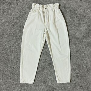 Zara Pants Womens 4 White Corduroy Paperbag Waist High Rise Small Barrel Tapered